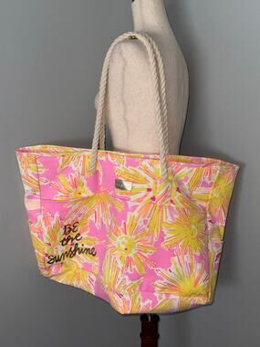 Lilly Pulitzer “Be the Sunshine” Large Canvas Beach Tote Pink Yellow Rope Handle